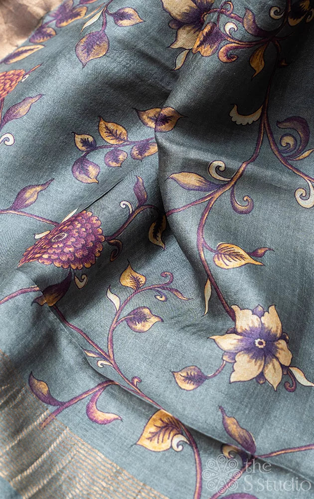 Grey tussar silk saree with zari border