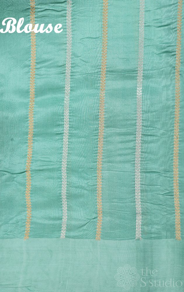 Bluish green soft banarasi handloom katan silk with gold and silver buttas