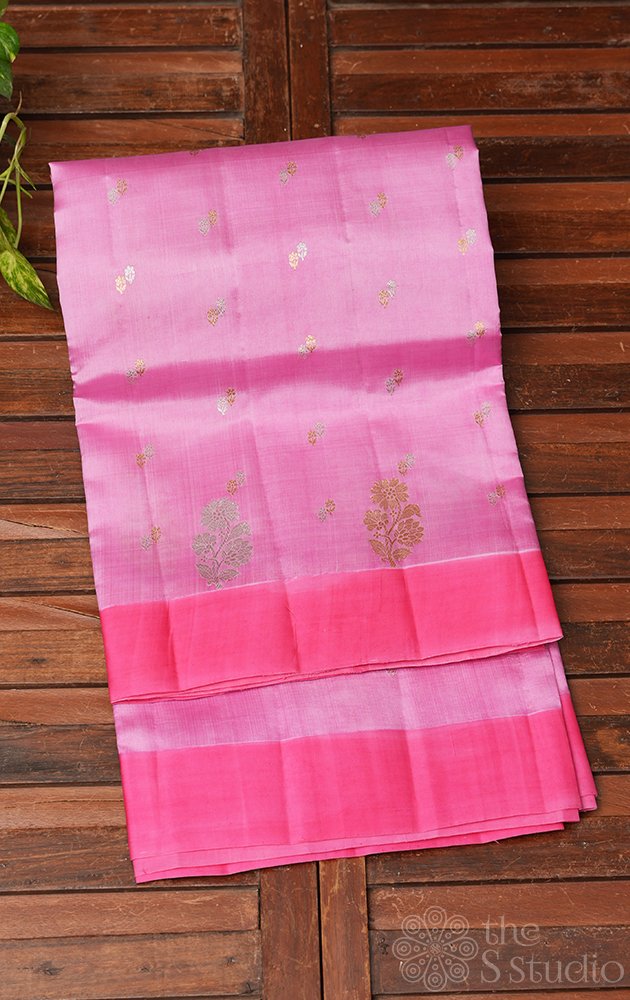Pastel pink soft banarasi handloom katan silk with gold and silver buttas