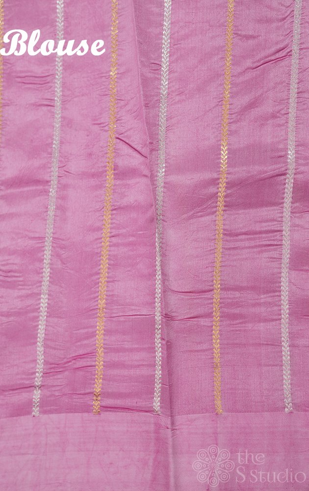 Pastel pink soft banarasi handloom katan silk with gold and silver buttas