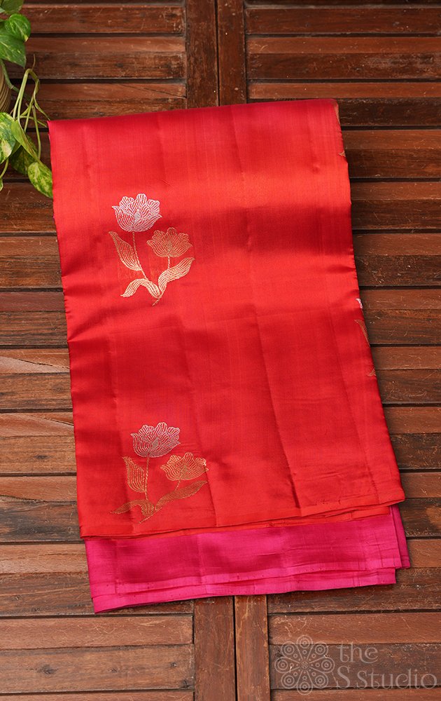 Rani pink and red shaded handloom soft katan banarasi silk saree
