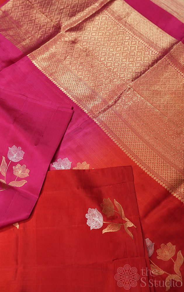 Rani pink and red shaded handloom soft katan banarasi silk saree