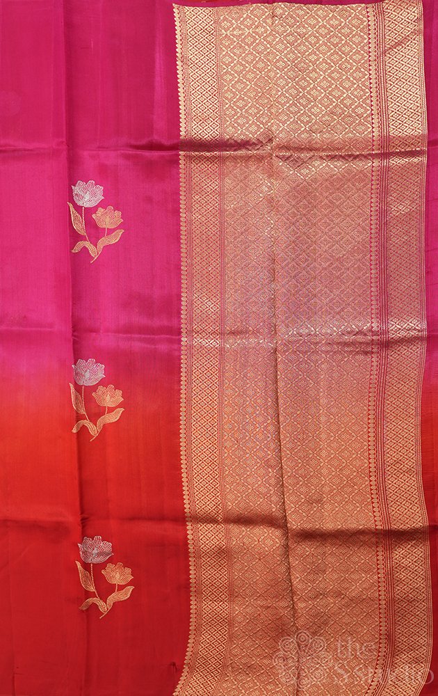 Rani pink and red shaded handloom soft katan banarasi silk saree