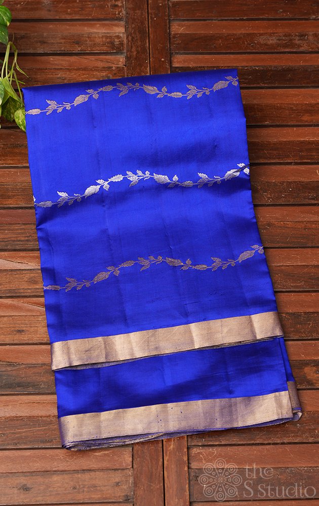 Royal blue handloom soft katan banarasi silk saree with wavy zari pattern
