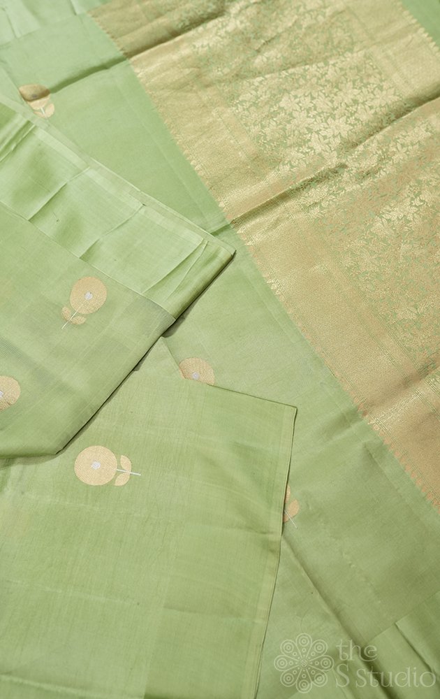 Light pista green handloom soft katan banrasi silk saree with satin border