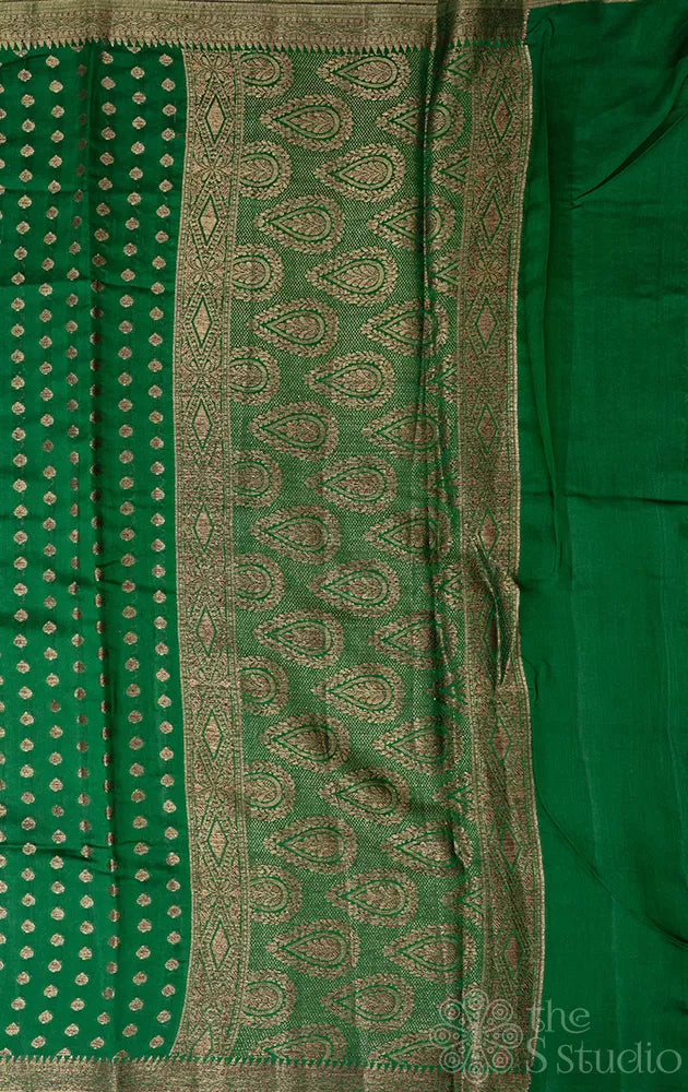 Green banarasi chiniya silk saree with small antique zari buttas