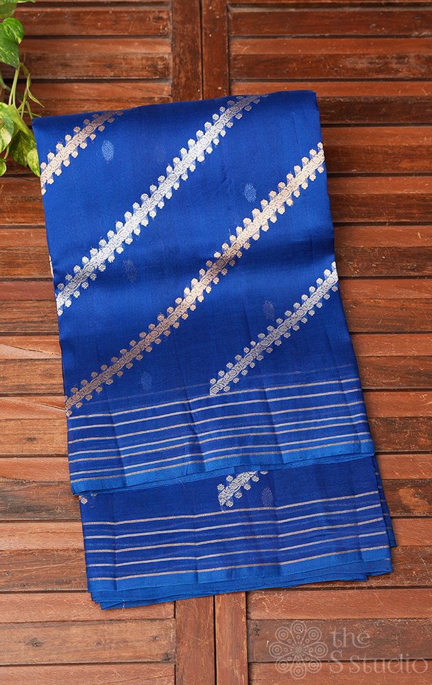 Royal blue handloom banarasi organza silk saree with woven zari lines