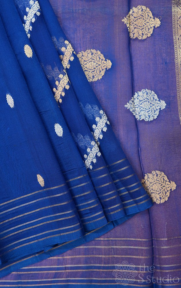 Royal blue handloom banarasi organza silk saree with woven zari lines