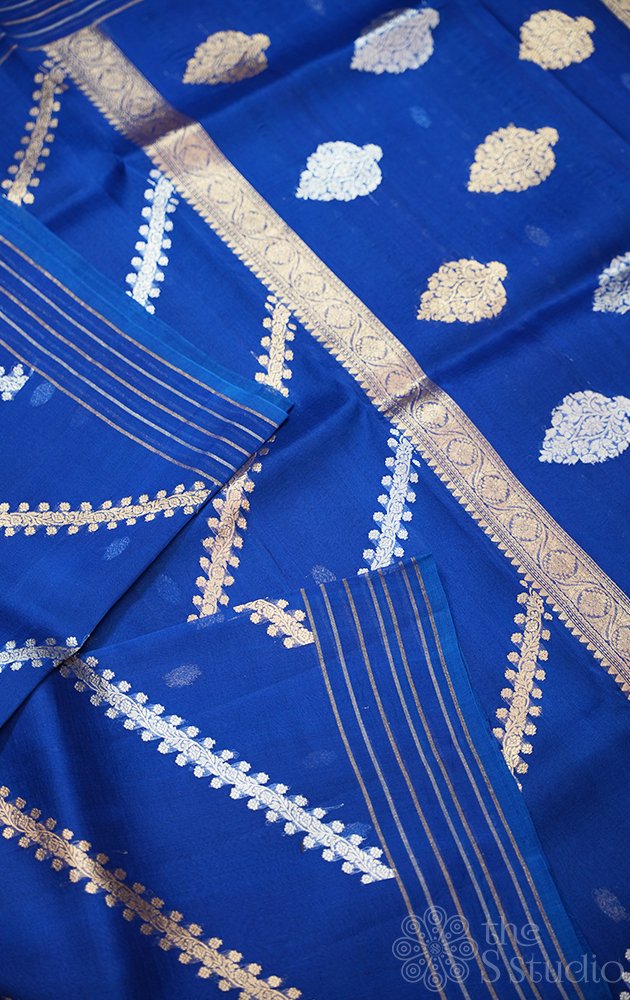 Royal blue handloom banarasi organza silk saree with woven zari lines