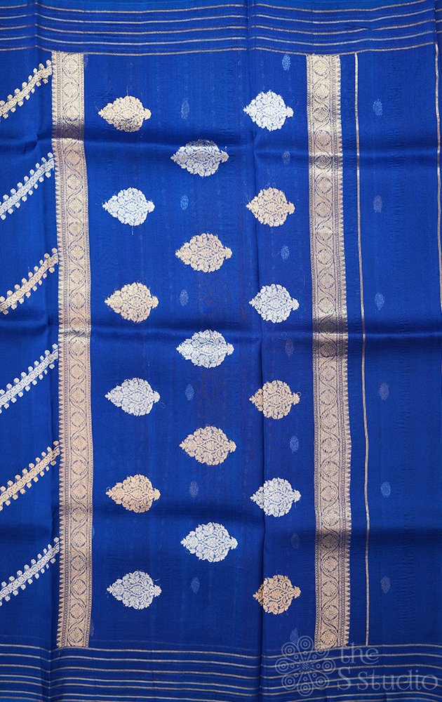 Royal blue handloom banarasi organza silk saree with woven zari lines