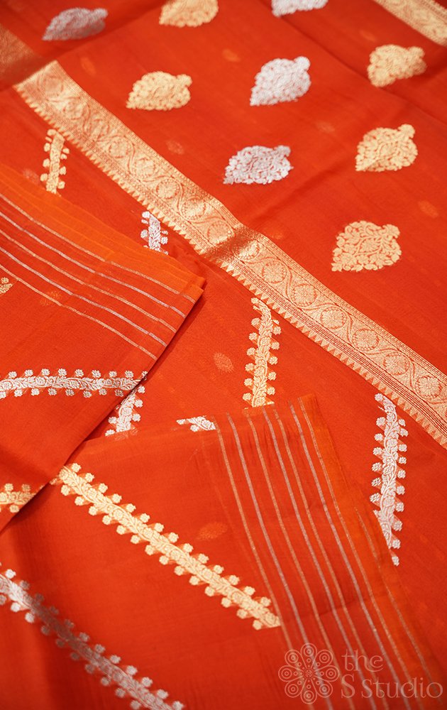 Orange handloom banarasi organza silk saree with woven zari lines