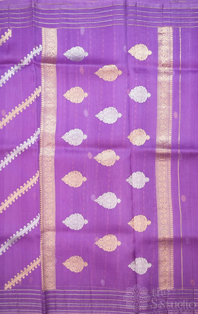 Lavendar handloom banarasi organza silk saree with woven zari lines