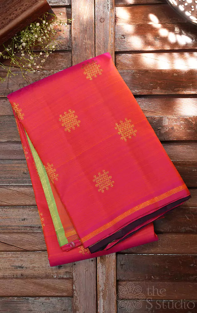 Peachish orange kanchi silk saree with double pallu
