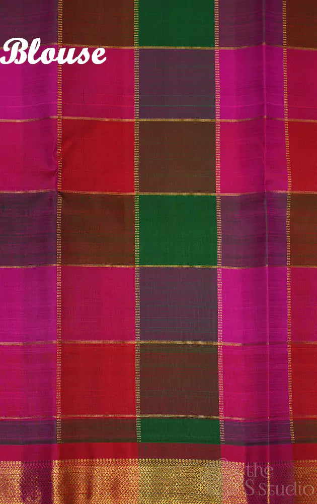 Yellow kanchi silk saree with paalum pazhamum checks pallu and blouse