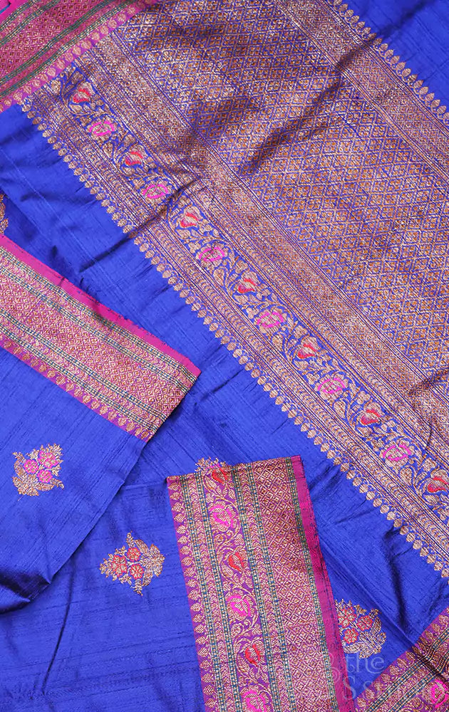 Royal blue handloom raw silk banarasi saree with magneta pallu