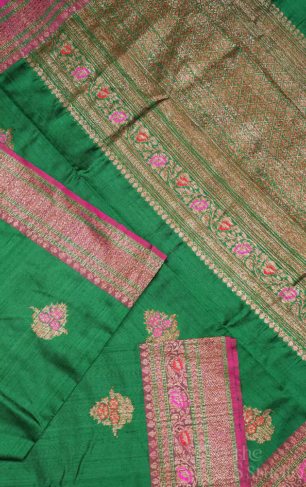 Green handwoven raw silk banarasi saree with magenta border