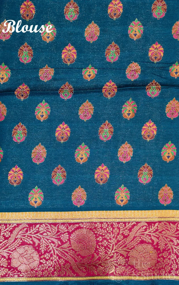 Blue semi crepe banarasi silk saree with floral and bird embroidery