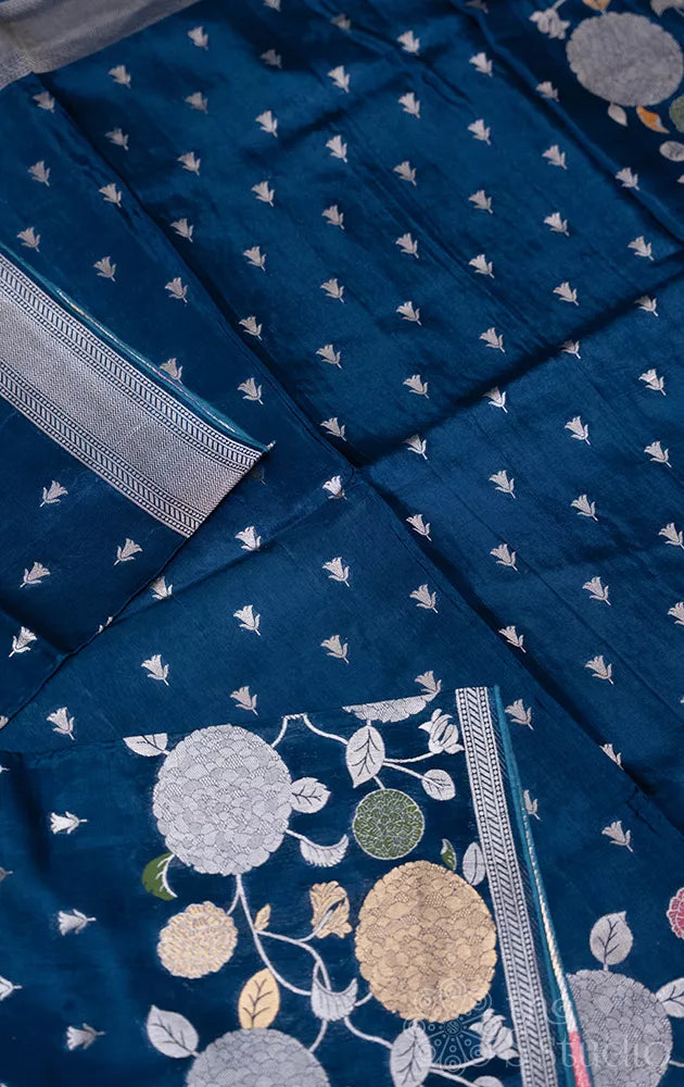 Blue semi banarasi satin silk saree with embroidery