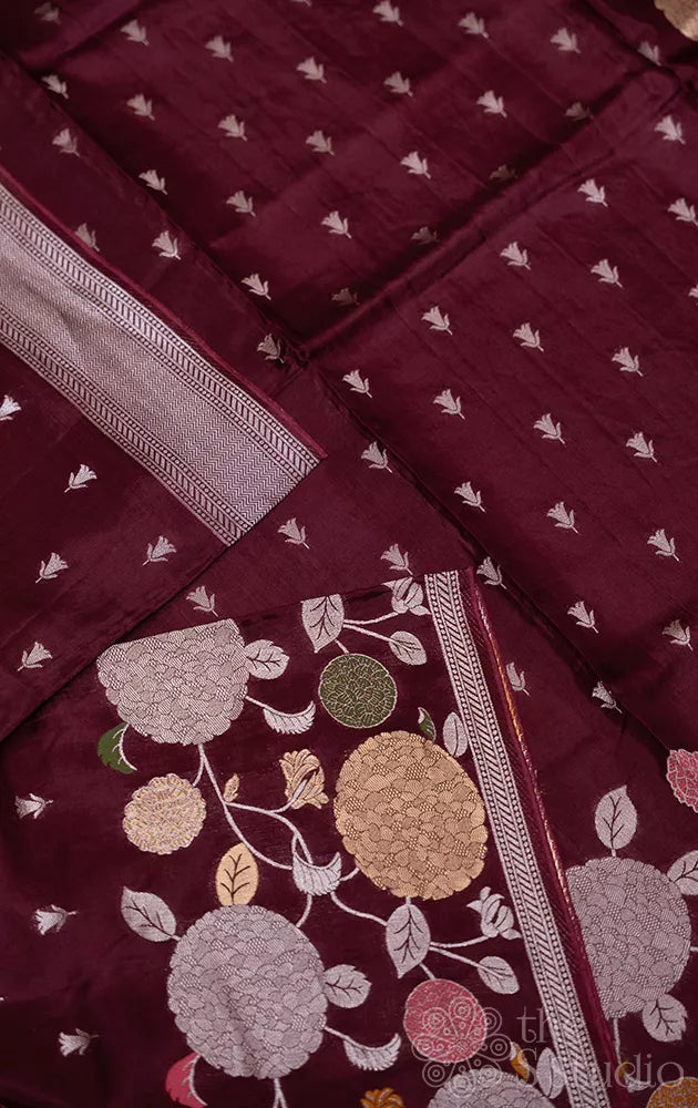 Burgundy colour semi banarasi satin silk saree with buttas