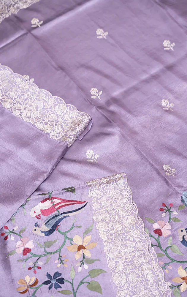 Lavender semi banarasi silk saree with bird embroidery
