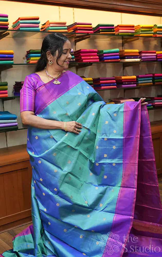 Peacock blue kanjivaram silk saree with purple border