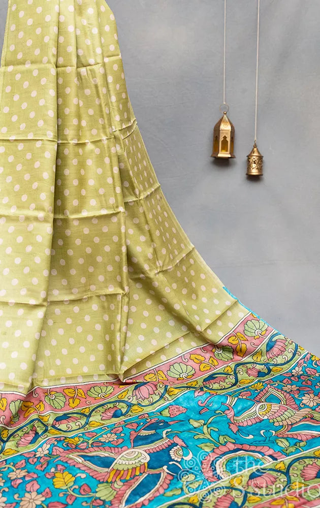 Pastel Green polka dots tussar silk saree with kalamkari pallu