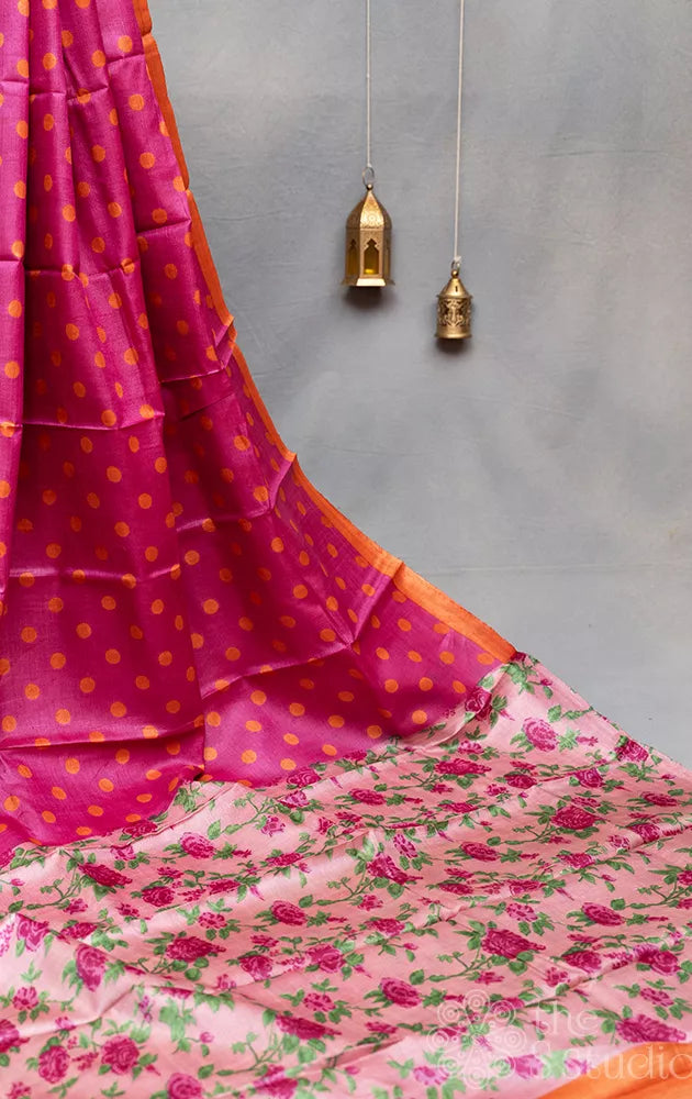Rani pink tussar silk saree with polka dots and floral prints pallu