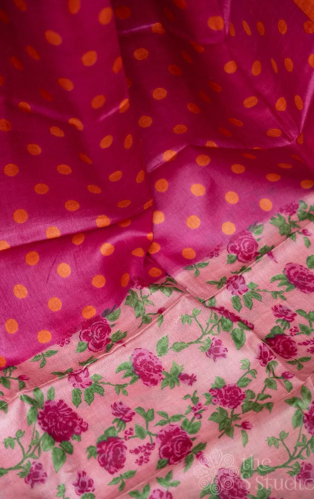 Rani pink tussar silk saree with polka dots and floral prints pallu