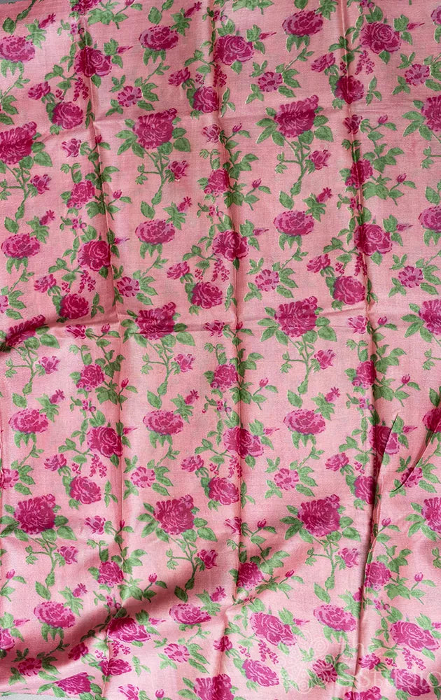 Rani pink tussar silk saree with polka dots and floral prints pallu
