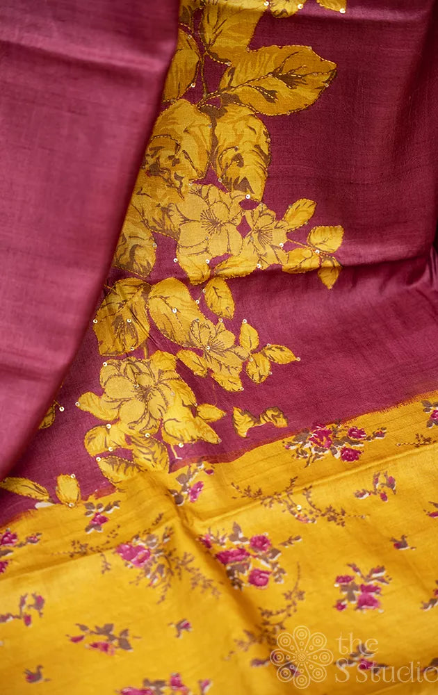 Maroon tussar silk saree with mustard floral prints