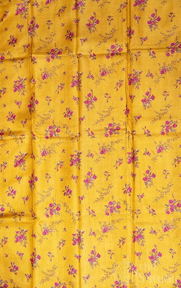 Maroon tussar silk saree with mustard floral prints