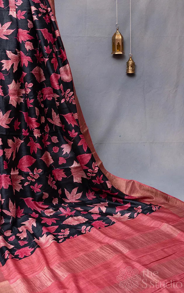 Black tussar silk saree with leaf prints and kantha embroidery