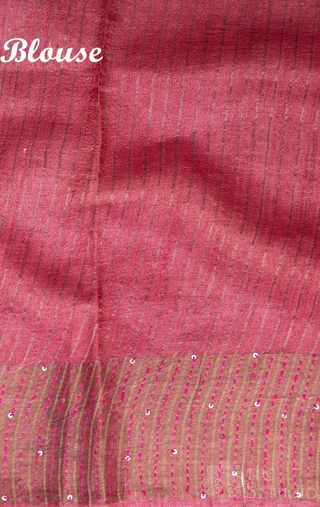 Black tussar silk saree with leaf prints and kantha embroidery