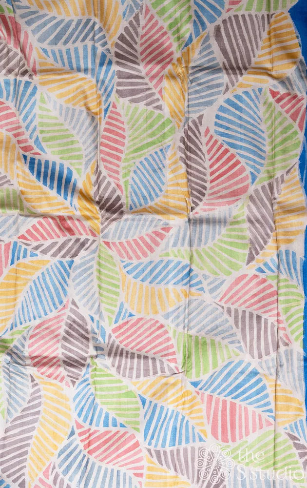 Grey tussar silk saree with hand-painted leaf designs and kutch embroidery