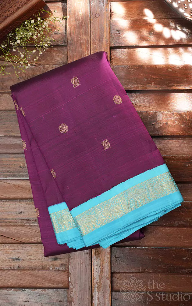 Purple kanchipuram silk saree with korvai blue border