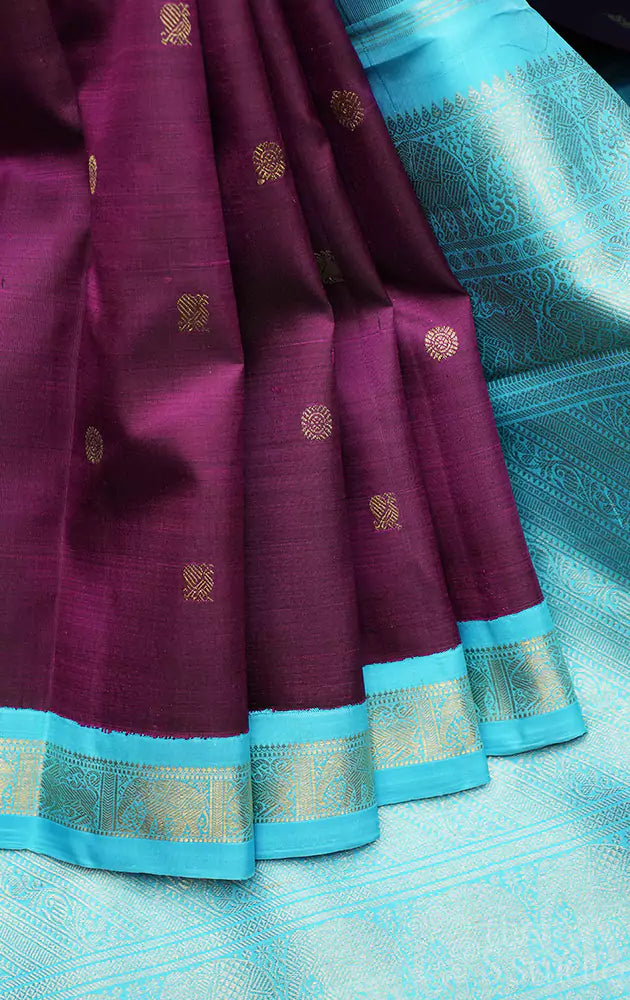 Purple kanchipuram silk saree with korvai blue border