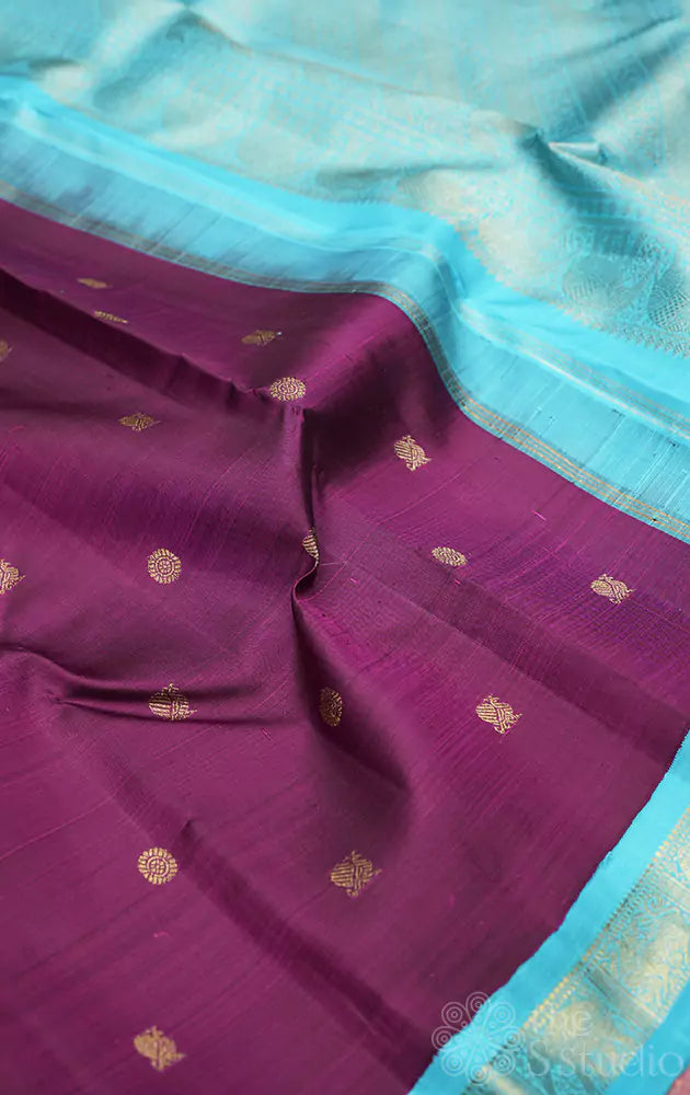 Purple kanchipuram silk saree with korvai blue border