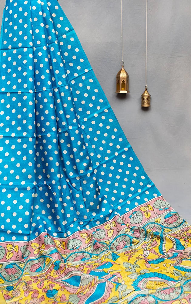 Blue polka dots tussar silk saree with kalamkari hand-painted pallu
