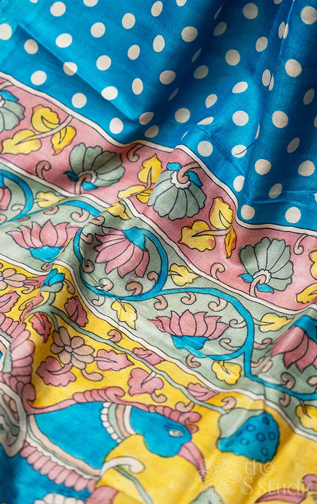 Blue polka dots tussar silk saree with kalamkari hand-painted pallu