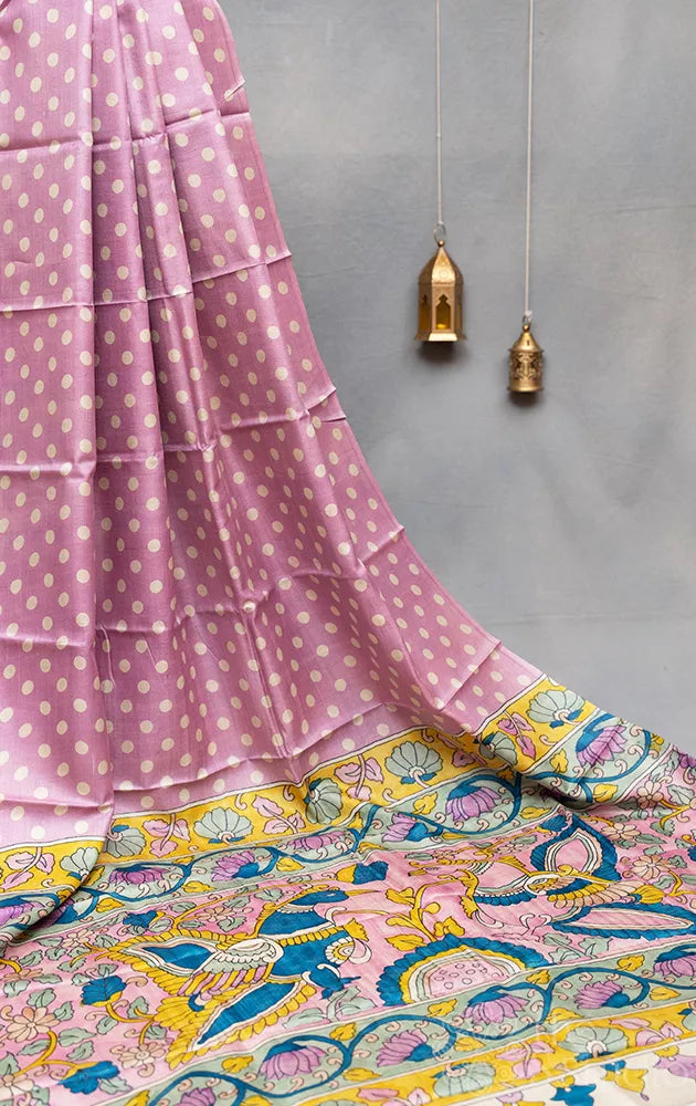 Lavender polka dots tussar silk saree with kalamkari pallu