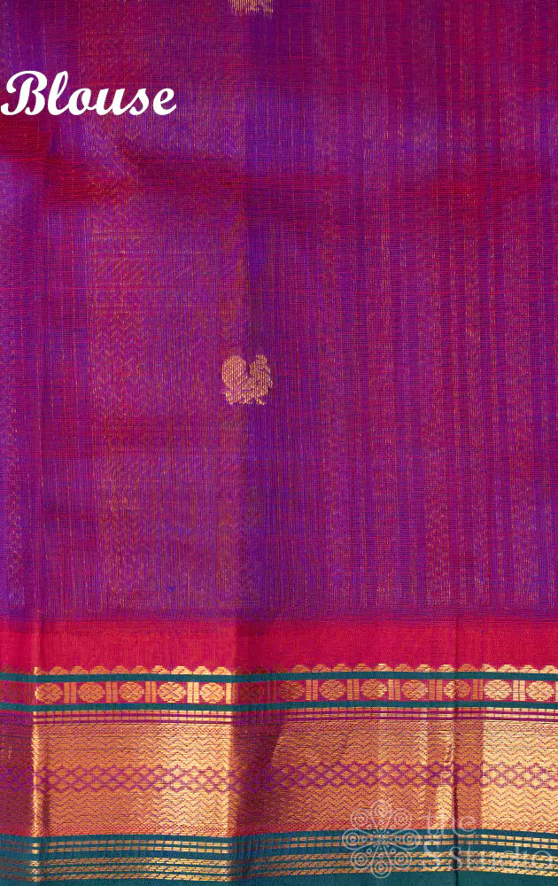 Light blue korvai silk cotton saree with magenta border