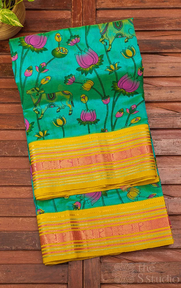 Sea green korvai silk cotton saree with pichwai prints