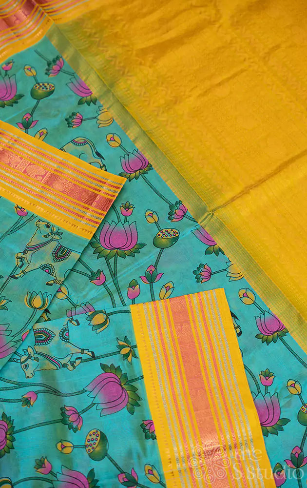 Sea green korvai silk cotton saree with pichwai prints
