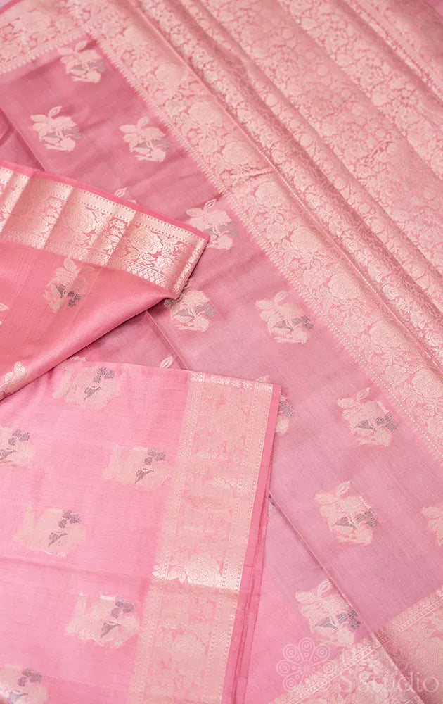 Light pink chiniya banarasi silk saree with silver zari buttas