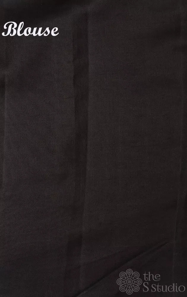 Black chiniya banarasi silk saree with thin silver zari border