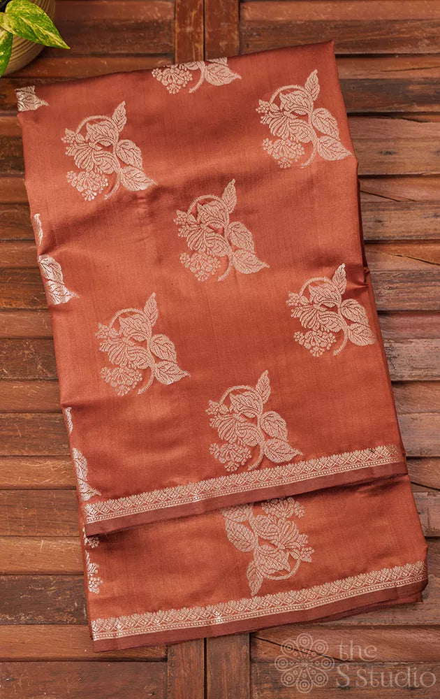 Brown chiniya banarasi silk saree with silver zari buttas