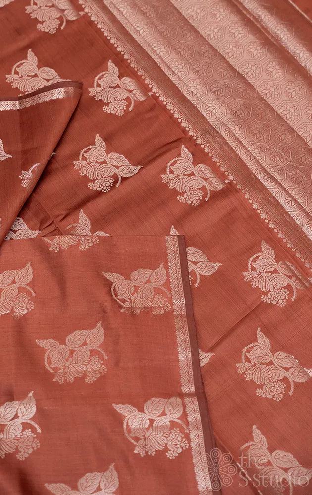 Brown chiniya banarasi silk saree with silver zari buttas