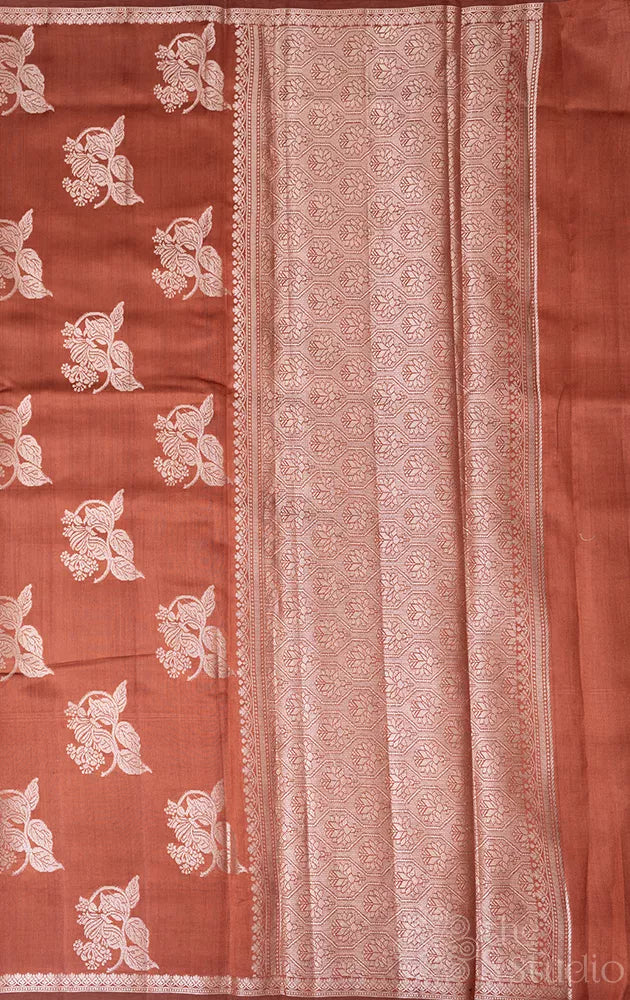 Brown chiniya banarasi silk saree with silver zari buttas