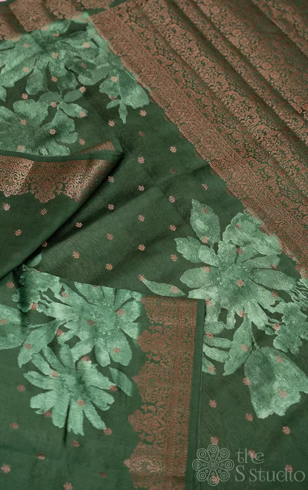 Dark green chiniya banarasi silk saree with light green floral prints