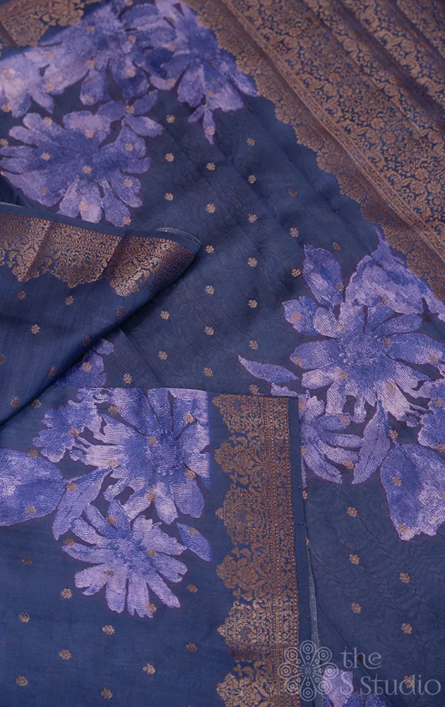 Violetish blue colour chiniya banarasi silk saree with antique zari buttas and floral prints